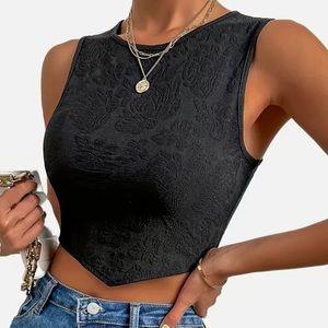 NWOT Sz S Sexy Black Solid Y2K Floral Crop top Hanky Hem w Zipper